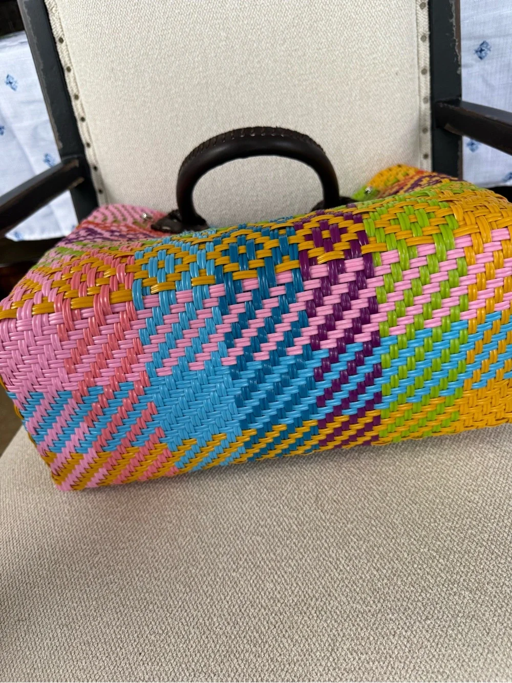 Artisan Woven Tote Bag multicolor with Dark Brown Handles - Picture 7 of 7
